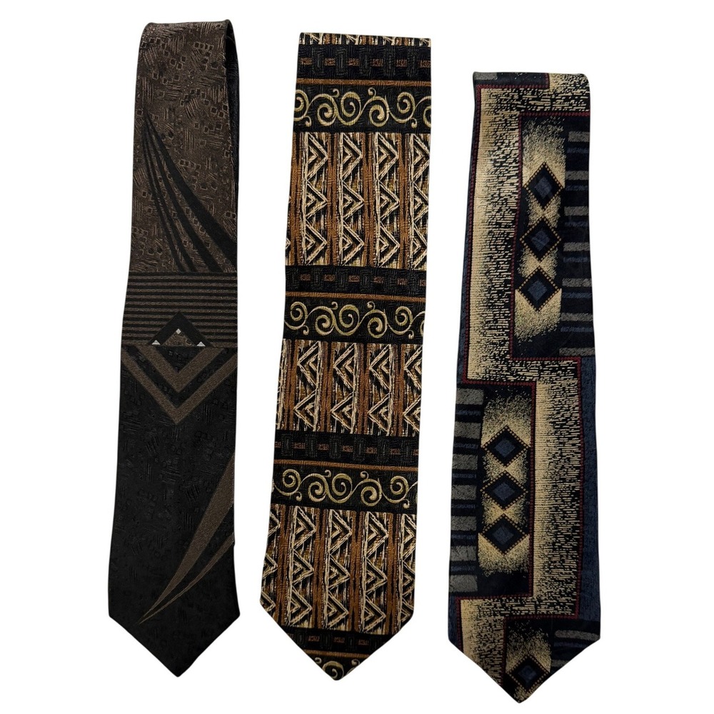 Vintage 90s Tie Lot of 3 Geometric Tribal Southwestern Silk Mix Wide Neckties